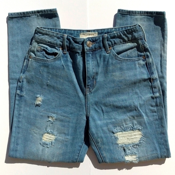 PacSun Retro Distressed Medium Blue High Rise Cropped Straight Leg Mom Jeans 25 - Picture 3 of 16